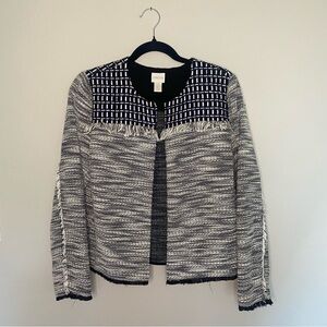 Chico’s navy and white tweed blazer with fringe detailing all around